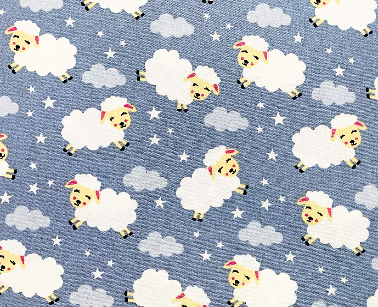 1 Metre Childrens Sleepy Sheep with stars on Grey 100% Cotton Fabric 43 Width