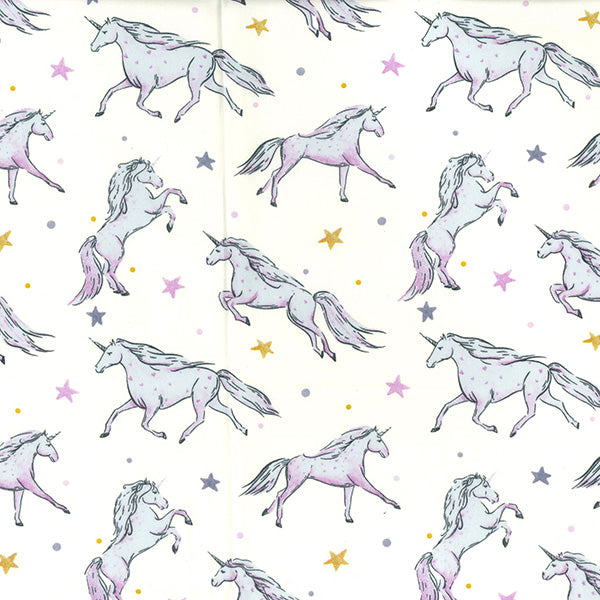 1 Metre 100% Cotton Fabric x 110cm/44 - Galloping Unicorns on Ivory Background