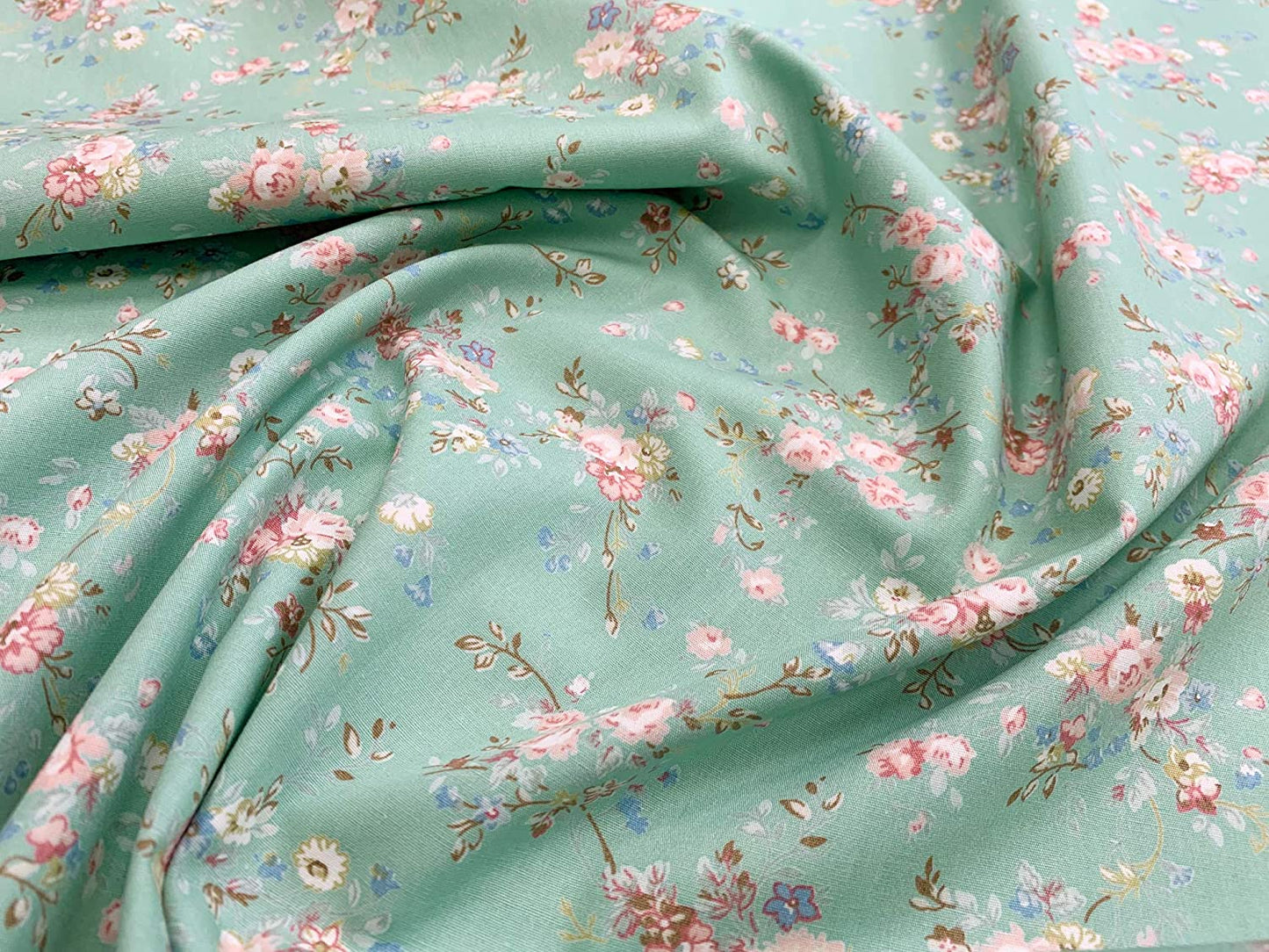 1 Metre 100% Cotton Fabric - Rose Blossom on Green