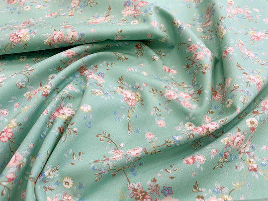 1 Metre 100% Cotton Fabric - Rose Blossom on Green