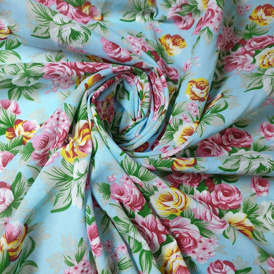 1 Metre 100 % Cotton Sky Vintage Roses Fabric Width: 110cm (45 inches)