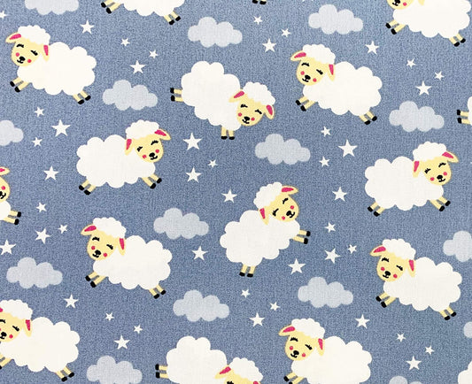 1 Metre Childrens Sleepy Sheep with stars on Grey 100% Cotton Fabric 43 Width
