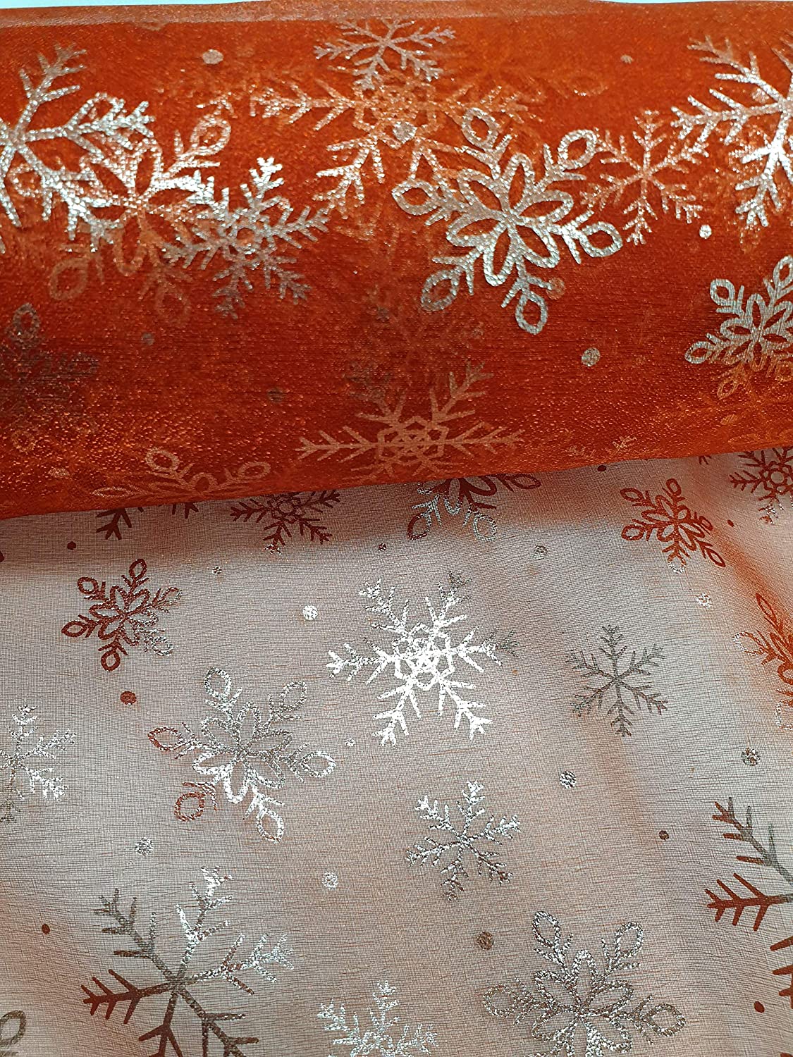 1 metre Christmas Red Organza Fabric with Silver Snowflake x 53 Width - c7135