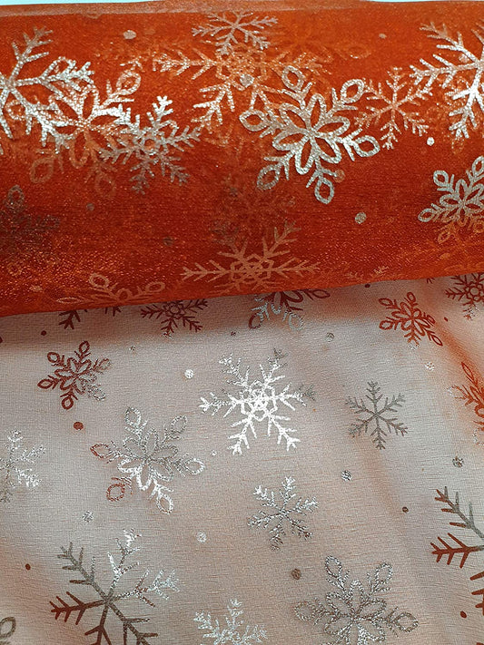 1 metre Christmas Red Organza Fabric with Silver Snowflake x 53 Width - c7135