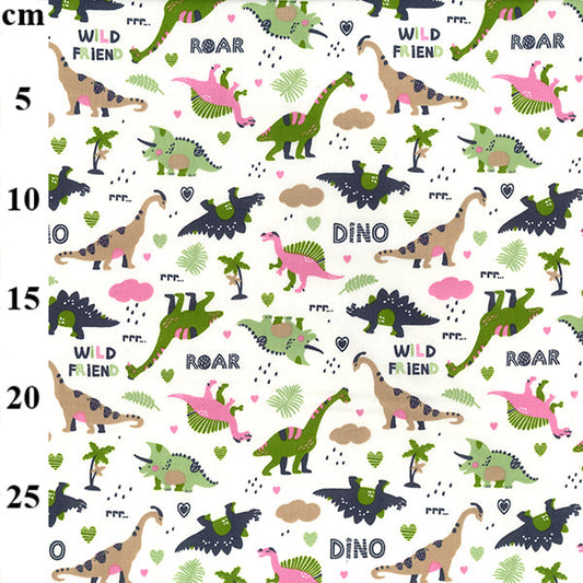 1 Metre 100% Cotton Poplin Fabric -  45/110cm - Dinosaur on Ivory Background