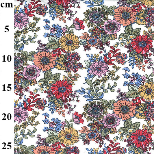 1 Metre 100% Cotton Poplin Colourful Blooms on Ivory Background Fabric Width: 110cm (44 inches)