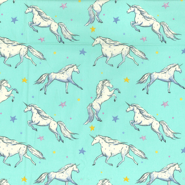 1 Metre 100% Cotton Fabric x 110cm/44 - Galloping Unicorns on Aqua Background