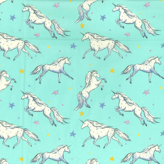 1 Metre 100% Cotton Fabric x 110cm/44 - Galloping Unicorns on Aqua Background