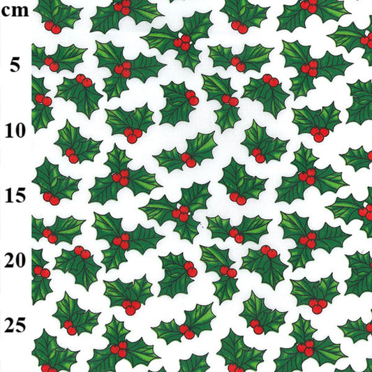 1 Metre Christmas Holly Leaves on White 110cm/43 Polycotton Fabric