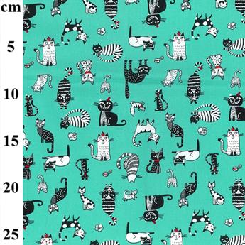 1 Metre 100% Cotton Fabric x 112cm / 44 - Crazy Cats - aqua Green