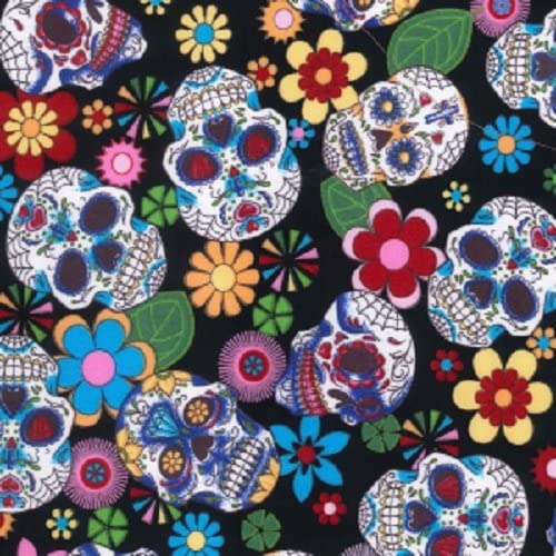 1 Metre 100% Cotton Black Floral Skulls Dawn of the Dead Fabric Width: 112cm (44 inches)