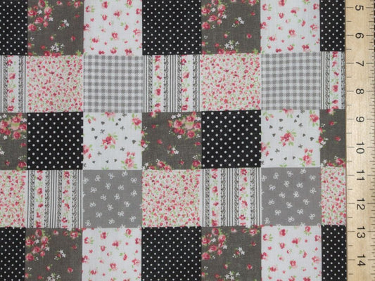 1 Metre Black Patch Work Polycotton Fabric x 110cm / 43