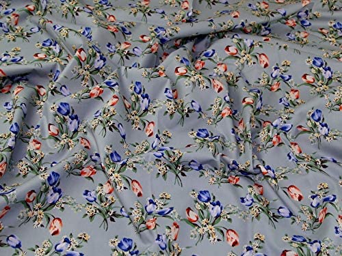 1m Blue\Orange Tulips on Grey 100% Cotton Fabric x 110cm Width