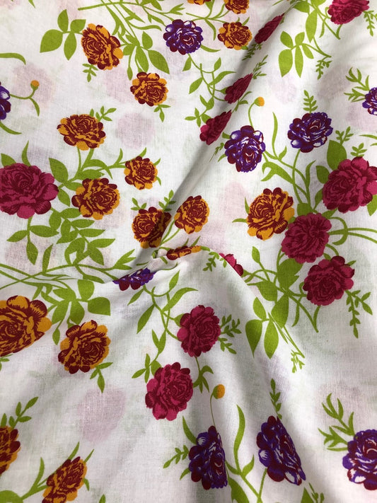 1 metre 100% Cotton Fabric x 150cm / 60 - Purple, Orange & Raspberry Rose ct315